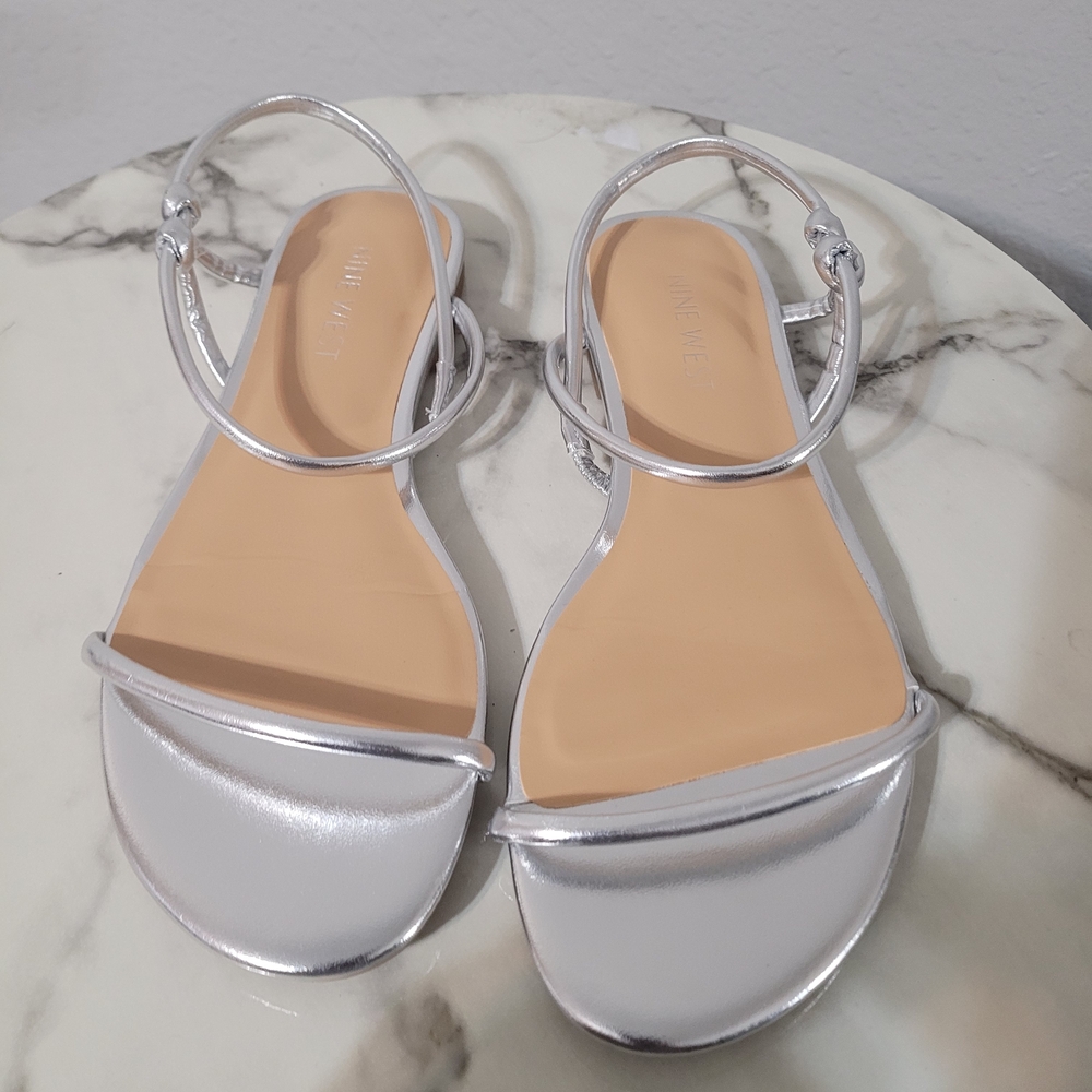 Nine West Silver Metallic Ankle-Strap Flat Sandals